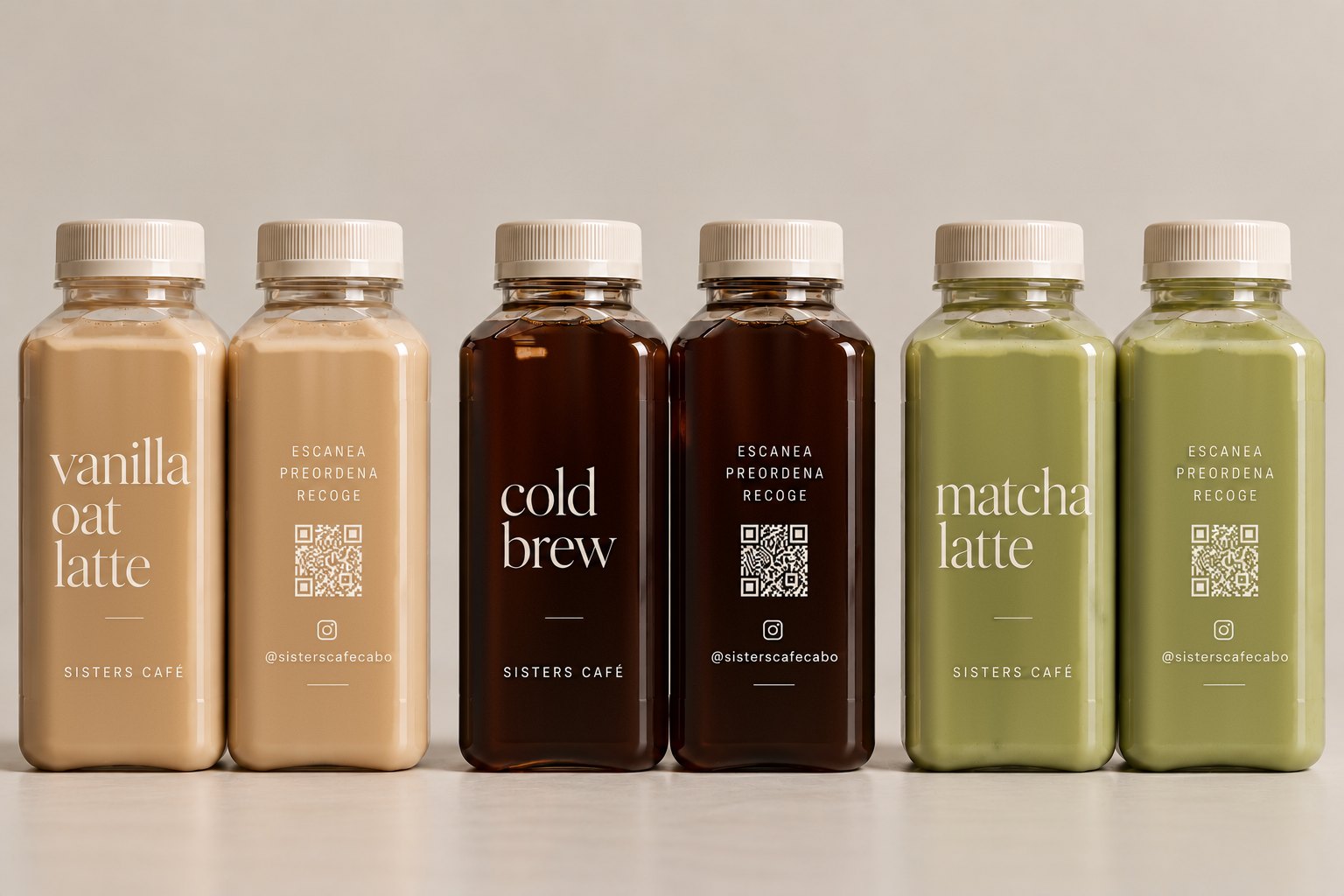 Botellas Sisters Café de vanilla oat latte, cold brew y matcha latte, de frente y de reverso